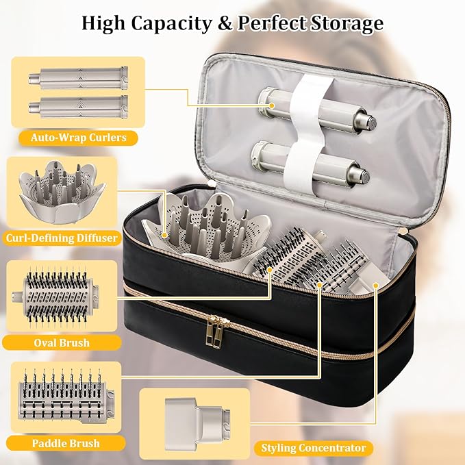 Travel Carrying Case for Shark Flex Style Double Layer Storage Case for Shark SpeedStyle Hair Dryer Attachments Waterproof PU Leather Organizer Bag for Shark Flexstyle Airwrap Styler (Black)