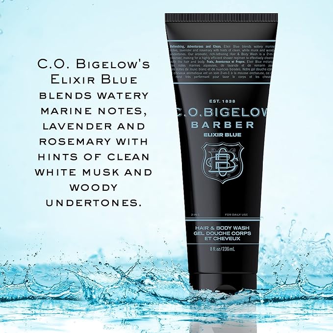 C.O. Bigelow Elixir Blue Hair &amp Body Wash for Men Pack of 2 Men's Watery Marine Moisturizing 2 in 1 Shampoo &amp Body Wash 8 Fl Oz