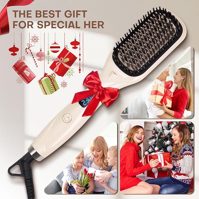 Hair Straightener Brush- Hair straighteners for Women Ceramic Ionic Straightener Comb with Less Frizz | 20s Fast Heating | 2 in 1 Flat Iron Brush Dual Voltage Travel Champagne