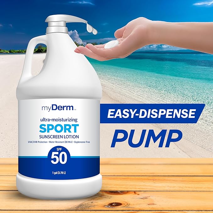 MyDerm Ultra-moisturizing SPF 50 Sport Sunscreen Lotion Free from Octisalate Oxybenzone Octinoxate and Parabens Hawaii 104 Reef Act Compliant 128 oz (1 Gallon) Broad Spectrum UVA/UVB Protection