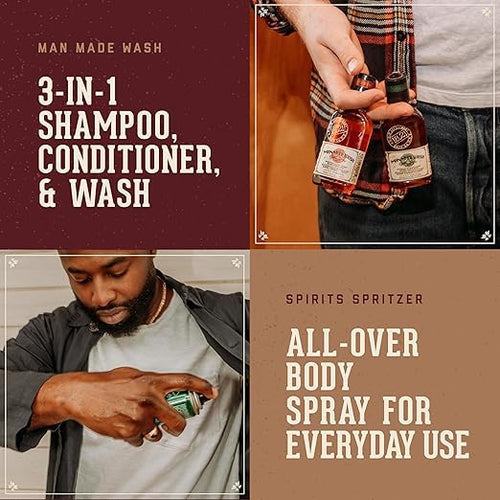 18.21 Man Made Original 3-in-1 Body Wash and Spirit Spritzer 2-Set Bundle All Hair &amp Skin Types for Men Strengthens and Moisturizes in a Manly Aroma