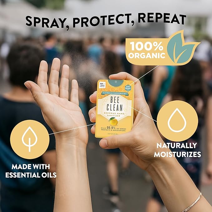 4-Pack Citrus Peppermint Hand Sanitizer Spray - Travel Size Mist with Organic Ethyl Alcohol Beeswax - Moisturizing with Essential Oils Non-Toxic Made in USA