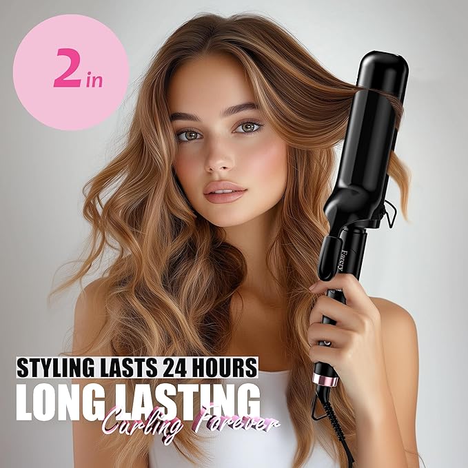 Farery 2 inch Curling Iron For Long Hair Lightweight Large Barrel Curling Iron 2 Inch Ceramic Curling Wand Infused Argan Oil &amp Keratin for Bouncy Big Curls 9 Temps Digital Display &amp Lock Ke