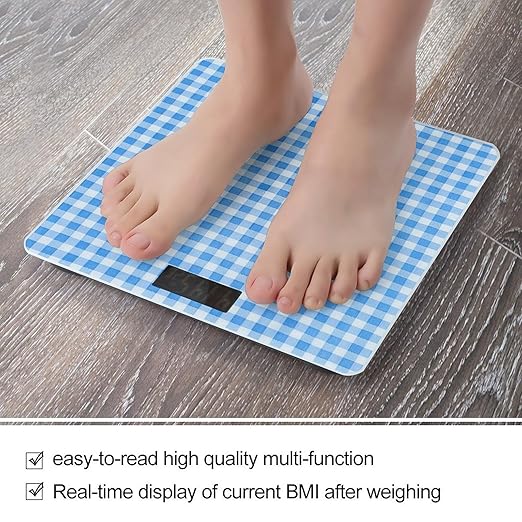 Digital Bathroom Scale for Body Weight Scale with Bright LCD Display High Accuracy Step-On Technology Auto On/Off Blue and White Plaid Digital Scales 400 Lbs /180kg