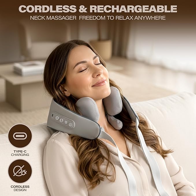 Rechargeable Chordless Shiatsu Neck Back &amp Shoulder Massager with Heat - 4D Kneading Deep Tissue Muscle Massager for Pain Relief Full Body Use Unisex Gifts for Dad Mom Husband Friends