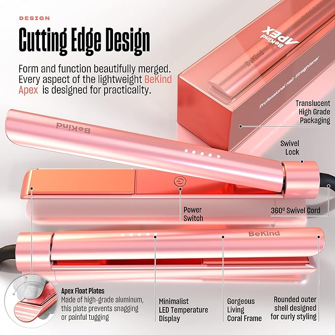 2-in-1 Hair Straightener Flat Iron by BeKind Apex | 1“ 460°F Straightener and Curler for All Hairstyles | UltraSmooth Tech | 15s Fast Heating &amp Temp Memory | Gift Set for Girls Women (Apex Peach)