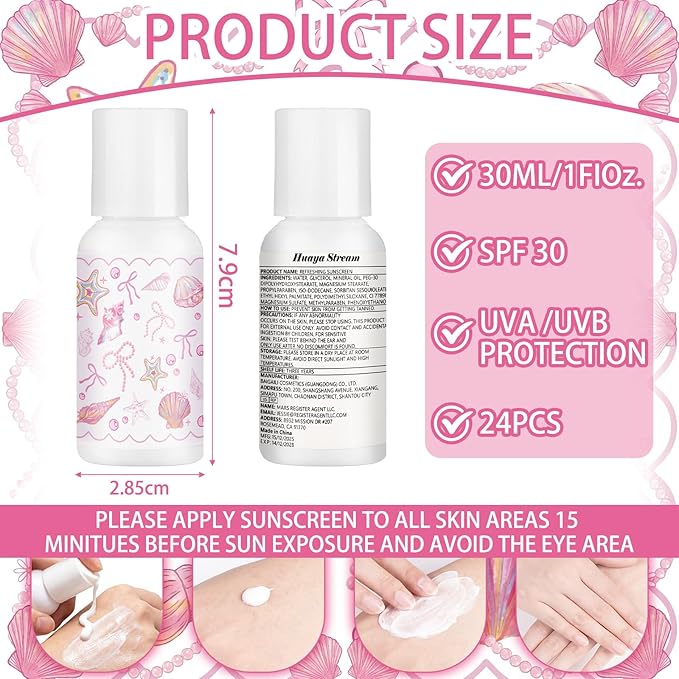 Demissle 24 Pcs Mini Sunscreen Bulk SPF 30 Pink Bow Starfish and Seashell Travel Size Sunscreen Bachelorette Wedding Party Supplies Summer Outdoor Goods for Under The Sea Beach Ocean Coastal 1 Fl. oz