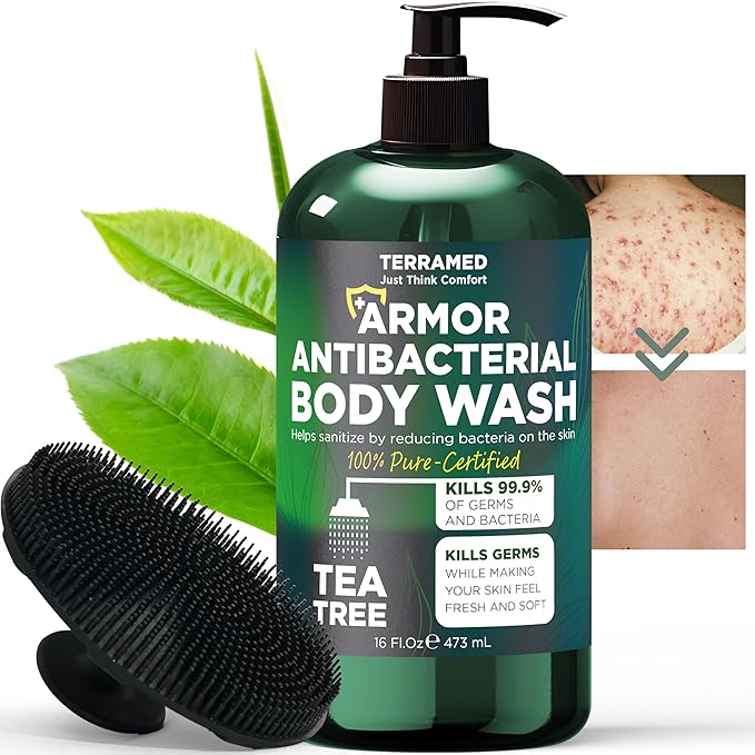 Antibacterial Body Wash with Tea Tree Oil | Antibacterial Soap for Men &amp Women | Kills 99.9% of Germs &amp Bacteria | Helps with Back Acne Body Odor &amp Skin Irritation | Includes Scrubber 16