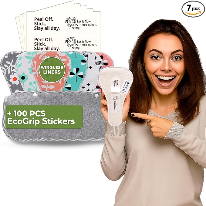 2-in-1 Wingless Reusable Panty Liners with Camel Concealer Toe (Thong 7 Pack) - Stay-Put Adhesive Strips – 100% Breathable Organic Cotton &amp High-Temp Washable Cloth - Secure All-Day Fit - Made in