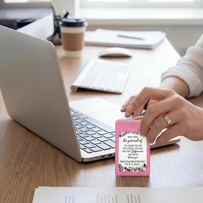 24 Pack Travel Size Hand Sanitizer Spray Bulk Employee Appreciation Week Gift Mini Motivational Thank You Gift Hydrating Pocket Sprays Gifts for International Women Day Gifts(PinkThank You)