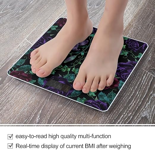 Dark Floral Pattern Weight ScaleClear LED Display Bathroom Digital Weighing ScaleTempered Glass Digital Bathroom Scale for Body Weight Capacity Up to 400 Lbs