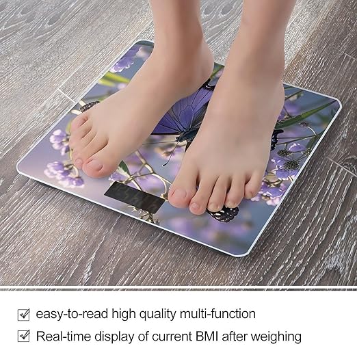 Beautiful Purple Butterfly Art Bathroom Scale Weight Scale for Body WeightHighly Accurate Digital Weighing Machine Clear LED Display Digital Bathroom Body Scale 400lb/182kg