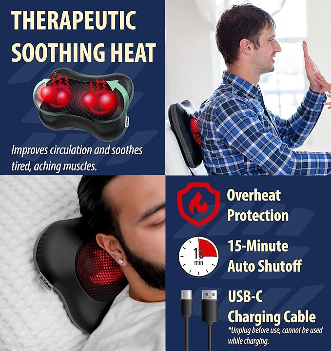 Zyllion Shiatsu Back and Neck Massager with Heat - Cordless Rechargeable 3D Electric Kneading Deep Tissue Massage Pillow with 2 Speeds for Muscle Pain Relief Black ZMA-34RB