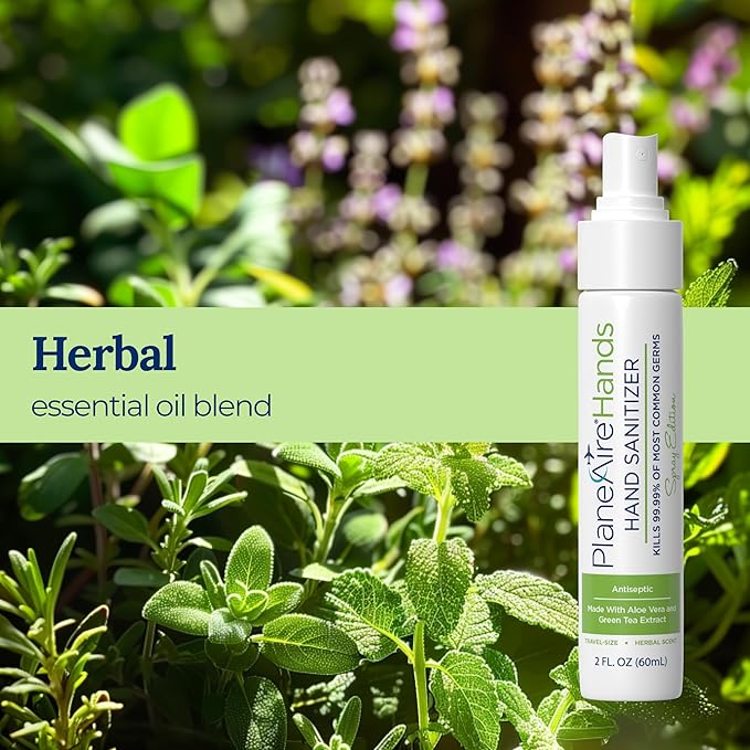 Signature Herbal Spray Hand Sanitizer | Travel Size | Hydrate &amp Cleanse | Made with Aloe Vera &amp Green Tea Extract | Blend of Essential Oils Including Peppermint &amp Lavender | Travel Essenti