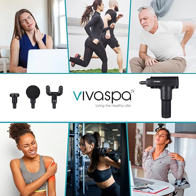 Vivitar - Vivaspa Deep Tissue Massage Gun Cordless Handheld Percussion Massager with LCD Display 4 Massage Heads 6 Speed Levels for Muscle Recovery (Black)