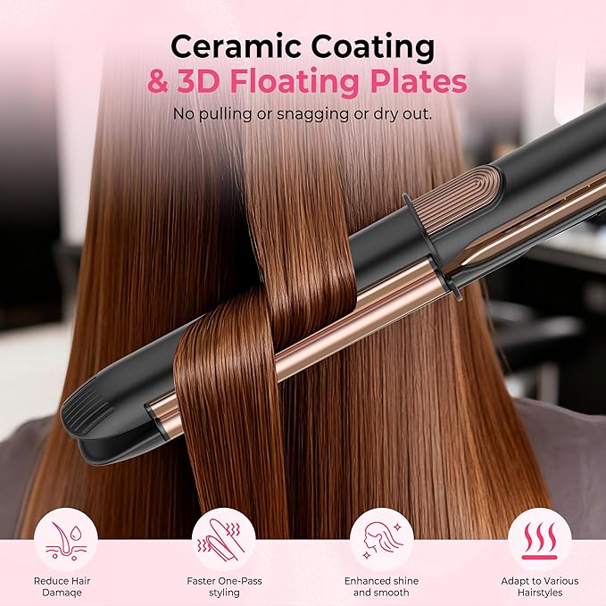 Ceramic Flat Iron Hair Straightener &amp Curler 12 Adjustable Temp &amp Dual Voltage Hair Straightener for Women for Smooth Frizz-Free Styling for All Hair Types (Black)