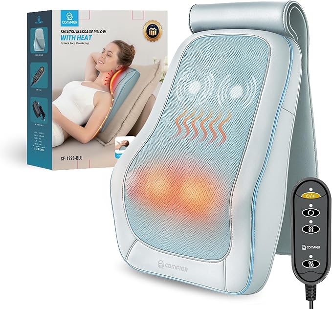 COMFIER Shiatsu Back Massager with Heat &amp Vibration 3D Deep Kneading Back Massage for Pain Relief Home Office UseBlue