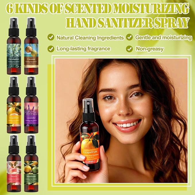 12 Pcs Hydrating Hand Sanitizer Spray with Essential Oil Scented Hand Sanitizer Spray Travel Size 2 Fl oz Brown Pocket Bottle Assorted Scents for Employee Friend Christmas Stocking Stuffers