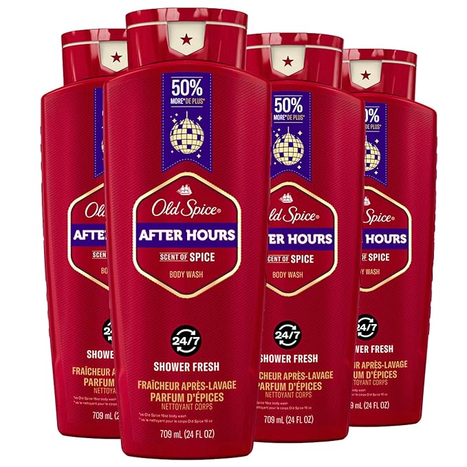 Old Spice Refreshing Body Wash for Men 3X Defense 24/7 Shower Fresh with Long Lasting Scent Red Collection Afterhours with Spice Scent 24 oz (Pack of 4)