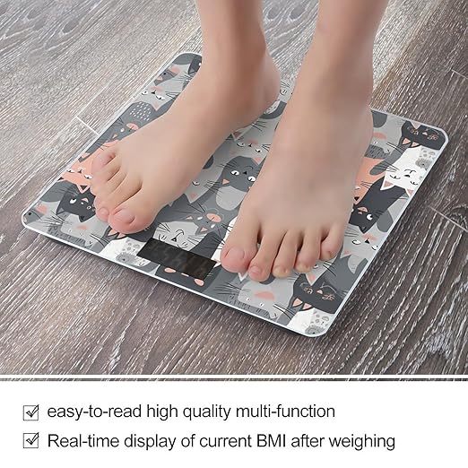 Cute Funny Grey Cats Pattern Scale for Body Weight Smart Scales Digital Bathroom Scale High Precision Weighing Scales with Large Display Weighing Machine for People