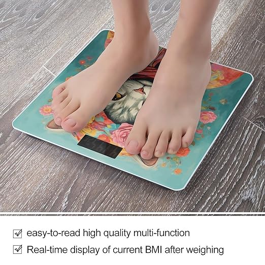Hand Drawn Cat Scale for Body Weight Precision Bathroom Weighing Scales with Back Lit LCD Display Sturdy Tempered Glass Body Weight Scales Digital Bathroom Scale 400lb