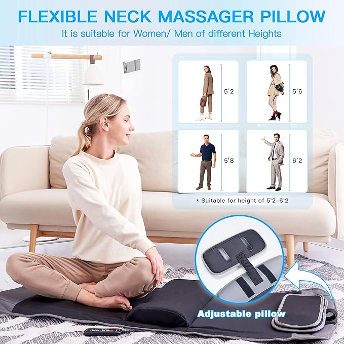ZEBORA Full Body Massage Mat with Vibration Stretching and Pressure Massage Adjustable Pillow Height Bed Sofa Floor Home Office Massage Mat Relieve Pain for Neck Back Waist Legs Massage Pad