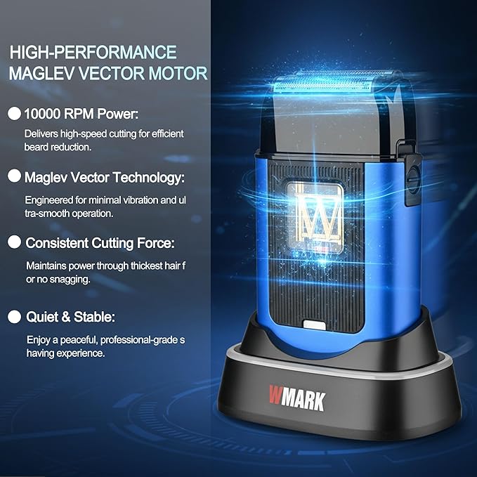 WMARK Electric Foil Shavers for Men Electric Razor for Men Cordless Beard Shaver with UV Protection Maglev Vector Motor 10000RPM Blue-Titanium 3-Blade Floating USB-C Rechargeable NG-XS1 UV