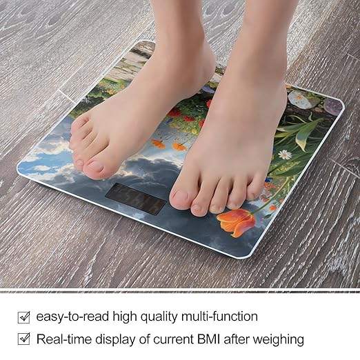 Modern Vintage Floral Weight Scale Large Digital Bathroom Scales with Bright LED Display Non Slip Digital Scale and Step On Fashion Weighing Machine for Body