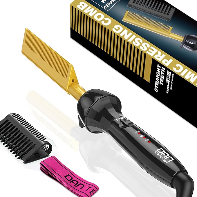 DAN Technology Ceramic Hot Comb Hair Straightener Adjustable Temperature Dual Voltage Travel Size 500°F for Hair Wigs Healthy Silky Hair Safe