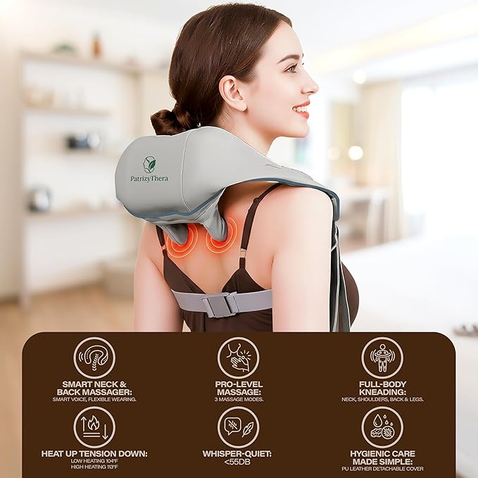 Rechargeable Chordless Shiatsu Neck Back &amp Shoulder Massager with Heat - 4D Kneading Deep Tissue Muscle Massager for Pain Relief Full Body Use Unisex Gifts for Dad Mom Husband Friends