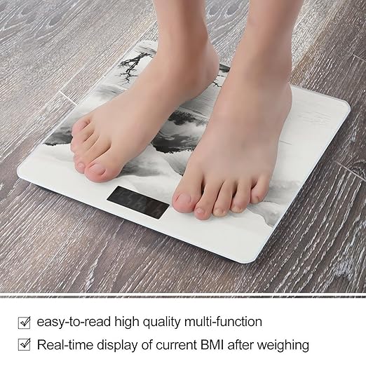 Ink Painting Landscape Weight Scale Large Digital Bathroom Scales with Bright LED Display Non Slip Digital Scale and Step On Fashion Weighing Machine for Body