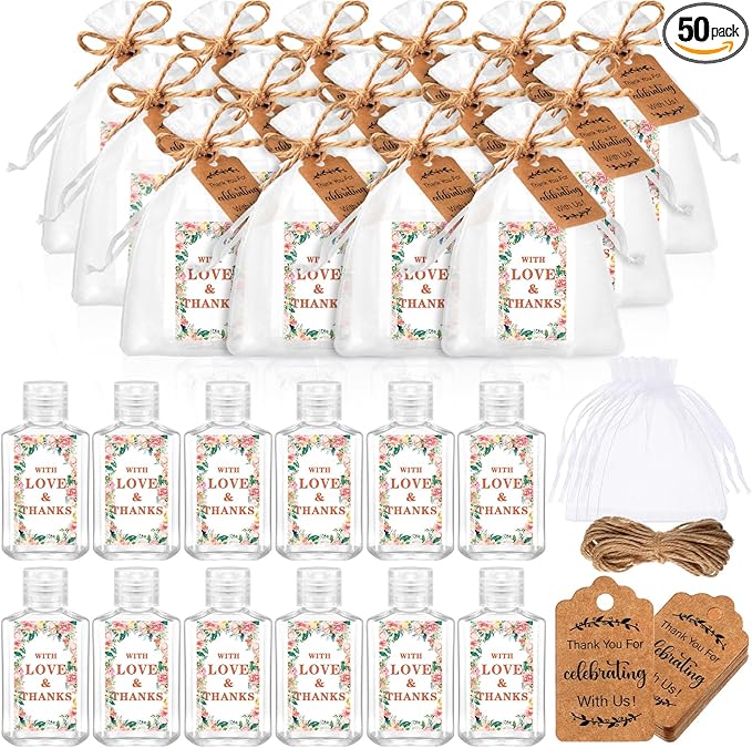 50 Sets Mini Hand Sanitizer Bottles Bulk 2oz Empty Christmas Hand Sanitizer Travel Size Wedding Favors for Guests with Organza Bags Thank You Tags for Woman Employees(WeddingWhite)