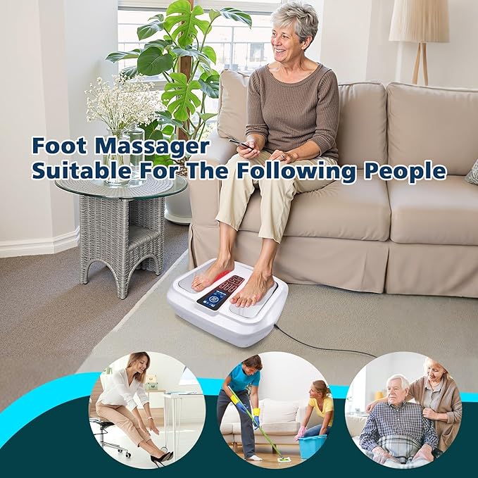 EMS Foot Massager with HeatTENS Electronic Muscle Circulation Stimulator with 4 Electrode Pads for NeuropathyRelieves Swelling Fatigue Plantar Fasciitis-Silent Operation ((White)