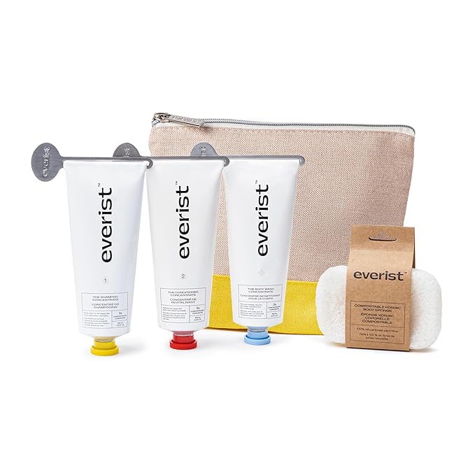 Everist The Complete Shower Kit Strengthens &amp Repairs Hair Deep Hydration &amp Smoothing Shampoo Deep Conditioner &amp Body Wash Concentrates Compostable Konjac Sponge &amp Jute Travel Bag