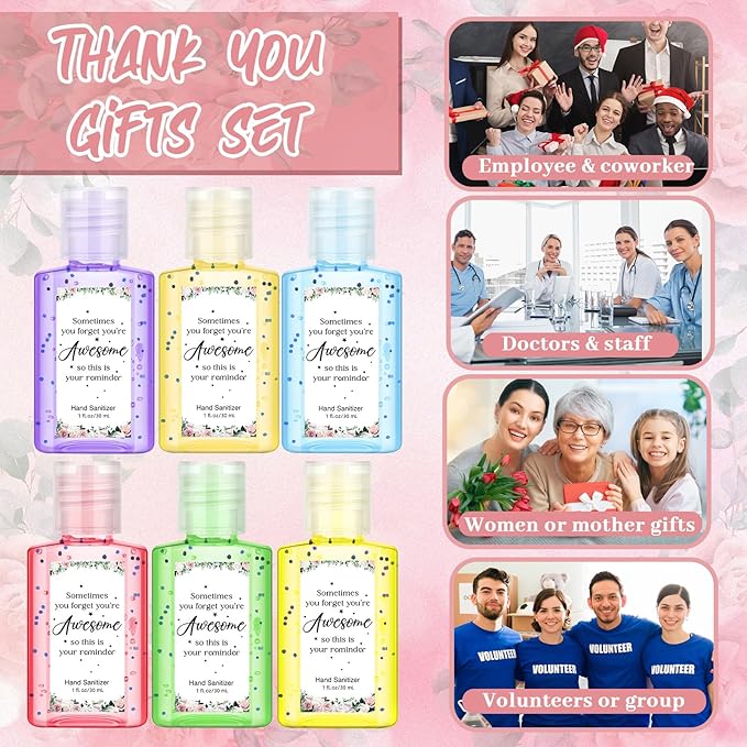 Frienda 24 Sets Thank You Hand Sanitizer Bulk Gift Set Mini Travel Size Hand Sanitizers Gel with Organza Bags Tags Appreciation Gift for Women Employee Coworker Team Teacher Nurse Graduation Party