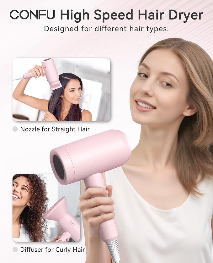 CONFU Ionic Blow Dryer 1600W Portable Lightweight Fast Drying Negative Ion Hairdryer Blowdryer 3 Heat Settings &amp Infinity Speed with Diffuser and Concentrator Nozzle for Home &amp Travel