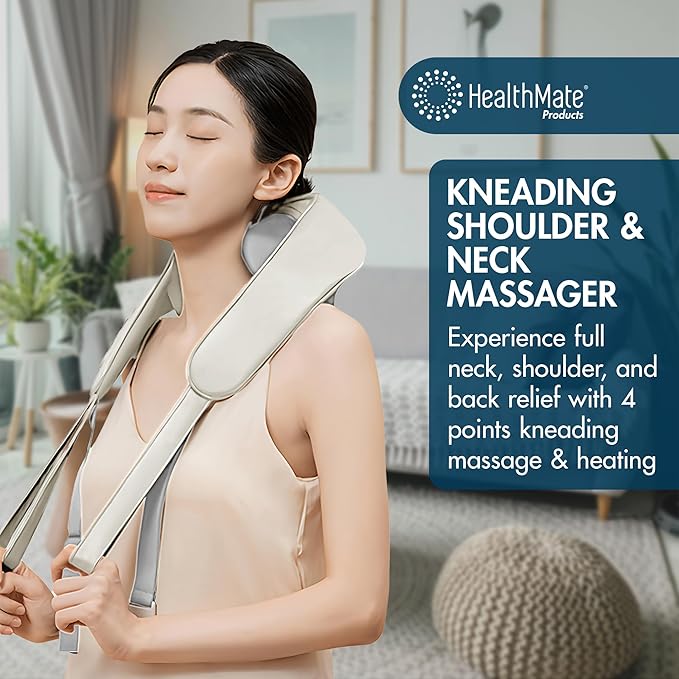 HEALTHMATE IN9532 Kneading Shoulder and Neck Massager for Pain Relief Deep Tissue 6D Shiatsu Neck and Shoulder with Heat Rechargeable Cordless Back Massager for Home Office Car Use Gifts