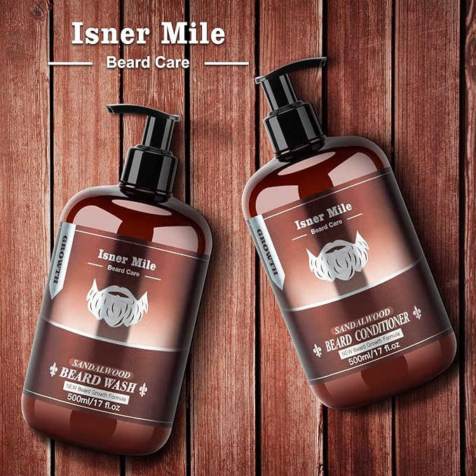 ISNER MILE Beard Wash &amp Conditioner Set for Men - 17 oz Shampoo with Biotin Argan &amp Jojoba Oils for Smooth Soft and Strengthened Beard - Sandalwood Scented Grooming Gift