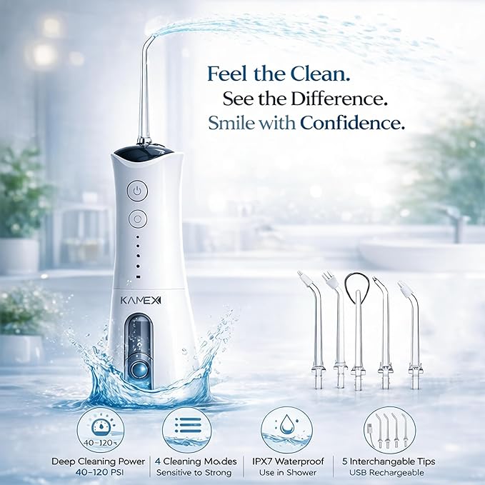 KAMEX Cordless Water Dental Flosser for Teeth Cleaning: Portable Oral Irrigator with 300ML Tank 4 Cleaning Modes Rechargeable IPX7 Waterproof Travel Water Flosser for Sensitive Gums Braces