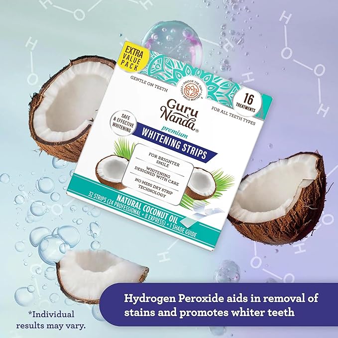GuruNanda Coconut &amp Mint Oil Pulling with Tongue Scraper &amp Teeth Whitening Strips - 16 Day Treatments - Enamel-Safe Strips for Sensitive Teeth Dry Strip Technology