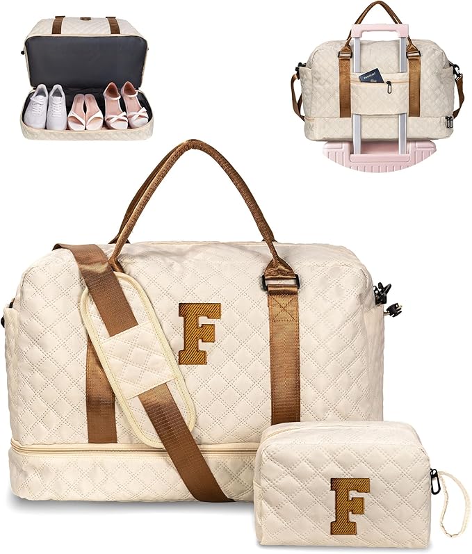 Gifts for Mom-Initial Duffle Bag with Shoe Compartment Personalized Weekender Bag Monogram Overnight Bag Letter Travel Bag with Makeup BagPersonalized Gifts Idea for Women Her (Letter F)