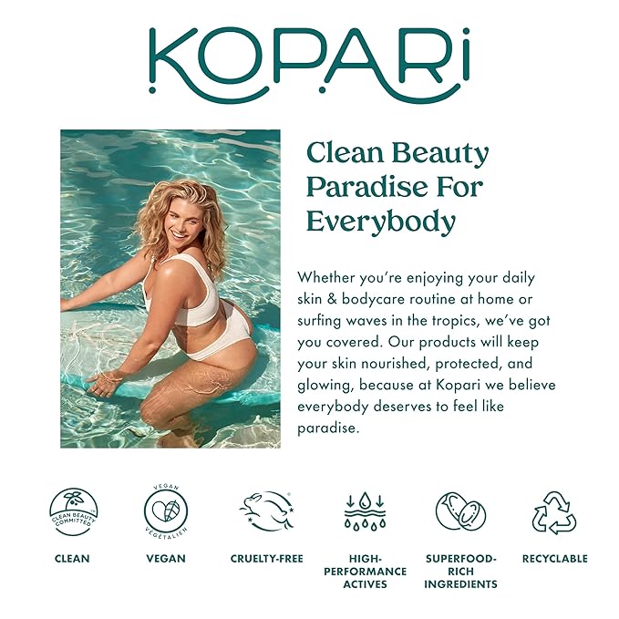 Kopari Sun Shield Body Glow Broad Spectrum SPF 30 Lightweight Shimmering Gel Texture Absorbs Quickly Non Sticky Glowing Results Golden Amber 5 oz