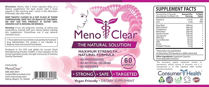 Consumer Health MenoClear Night - 30 Capsules - Menopause Care - Decrease Hot Flashes Mood Swings and Irritability - Melatonin Valerian Hesperidin - Made in the USA