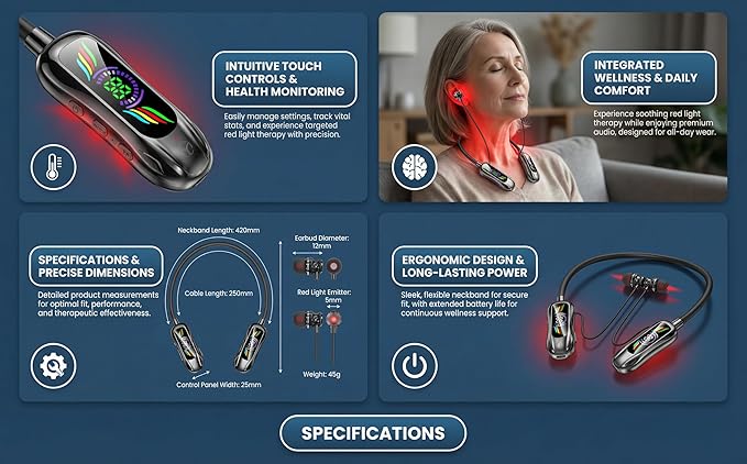 2-in-1 Red Light Therapy Device for Nose &amp Ears Canal Silicone Cover and Nasal Silicone Sleeve 2 in 1 Neck Hanging Earbuds Portable Wirless Light-Weight