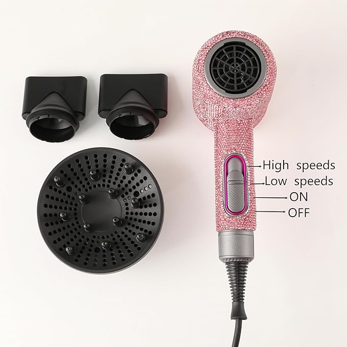Ionic Hair Dryer Frizz Free Fast Dryer with Diffuser 1800W Professional Ionic Hair Blow Dryer with 3 Heat/2 Speed 3 Temperature &amp 2 Wind Speed for Women and Men (Pink)