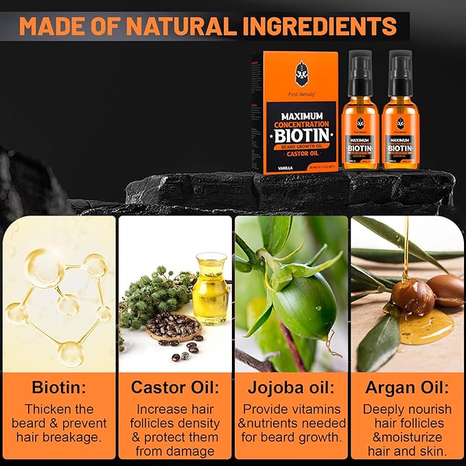 Beard OilMaximun Thickening Biotin with Castor Oil and Argan &amp Jojoba Oils Promotes Beard Growth Styles Strengthens &amp Softens Beards &amp Mustaches1 Ounce*2（2 Pack）
