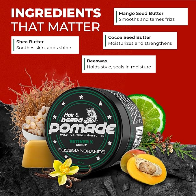 Bossman Natural Hair &amp Beard Pomade for Men (Vetiver X Scent) – Medium Hold &amp Moisturizing for Hair Beard &amp Mustache Styling – Made in USA
