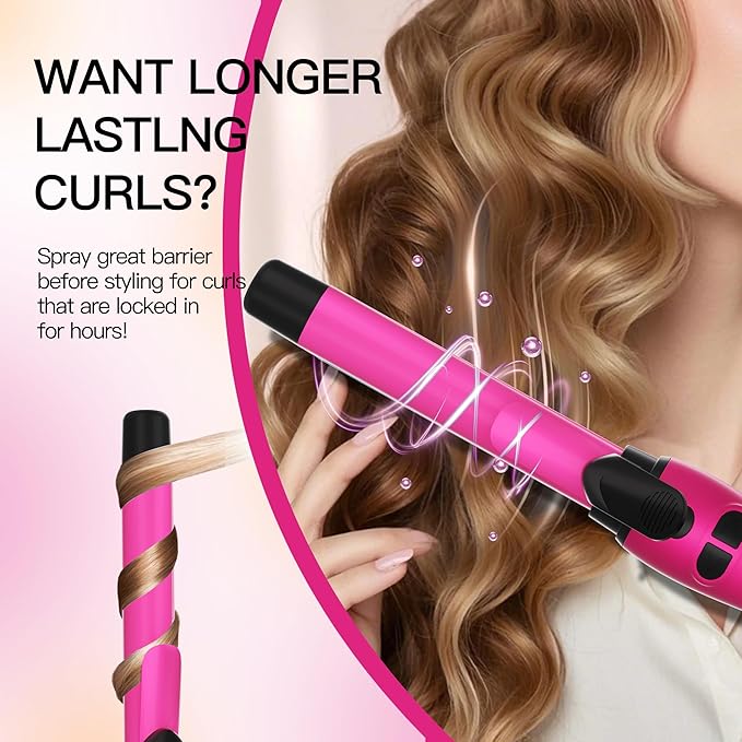 Extra-Long Barrel Rotating Curling Iron with Short Clamp Automatic Curling Iron 1 Inch Creates Loose Curls – for Medium and Long Hair High Heat 410°F Instant Heat up Double Ceramic Dual Voltage