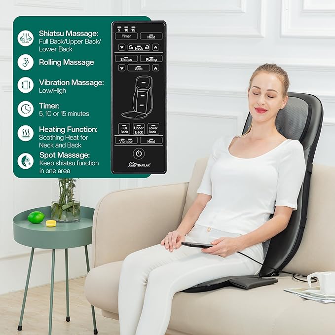 Snailax shiatsu Neck &amp Back Massager with Heat Full Back Kneading Shiatsu or Rolling Massage Massage Chair pad with Height Adjustment Back Massager for Neck and Shoulder