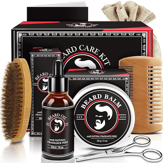 Valentines Gifts for Him Beard Kit for Men Beard Growth and Grooming Kit w/Beard Oil Beard Balm Beard Brush Beard Comb Beard Scissors Christmas Birthday Gifts for Men Husband Grandpa Boyfriend Son